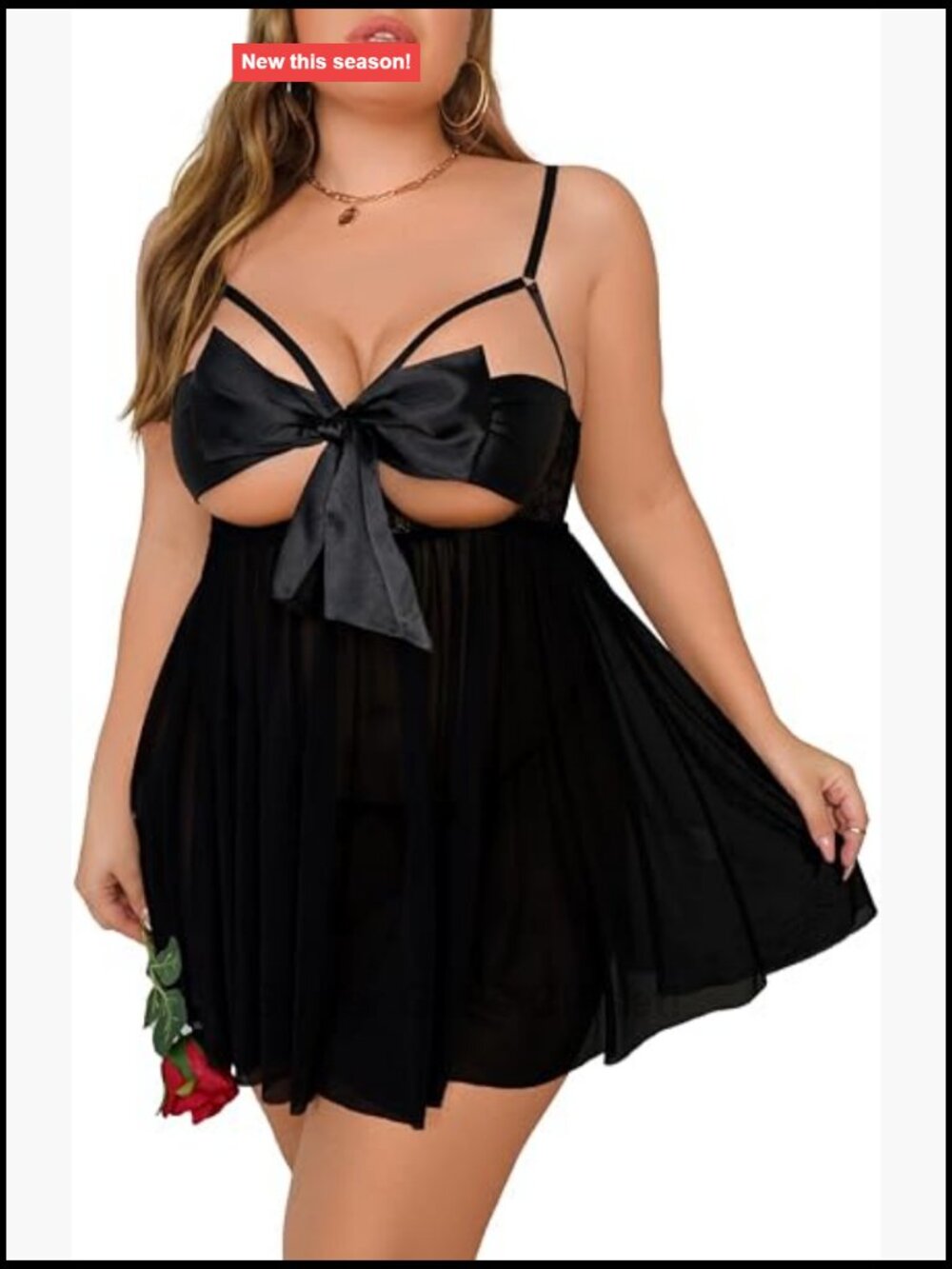 Plus Size Lingerie Set, Babydoll with Ribbon Bow, G-String, Satin